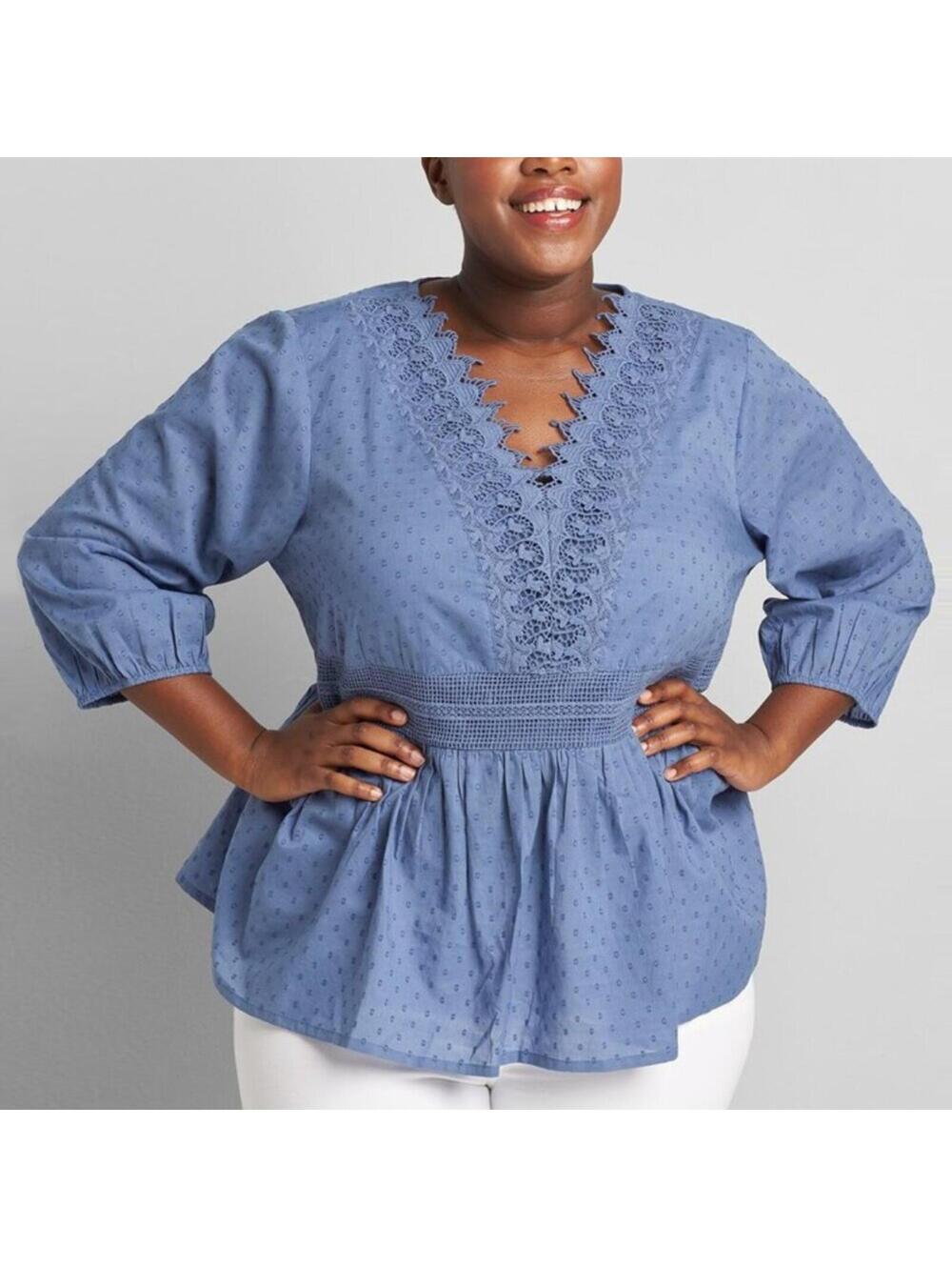 Lane Bryant Blue Swiss Dot Peplum Blouse 12 NWT Lace V-Neck Blouse NEW - Picture 10 of 10